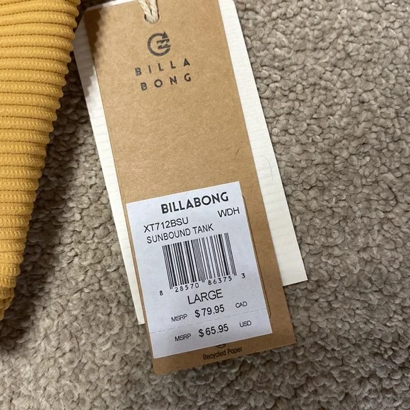 Billabong Mustard Yellow Ribbed Sunbound Tank Swim Bikini Top Size L - Picture 3 of 5